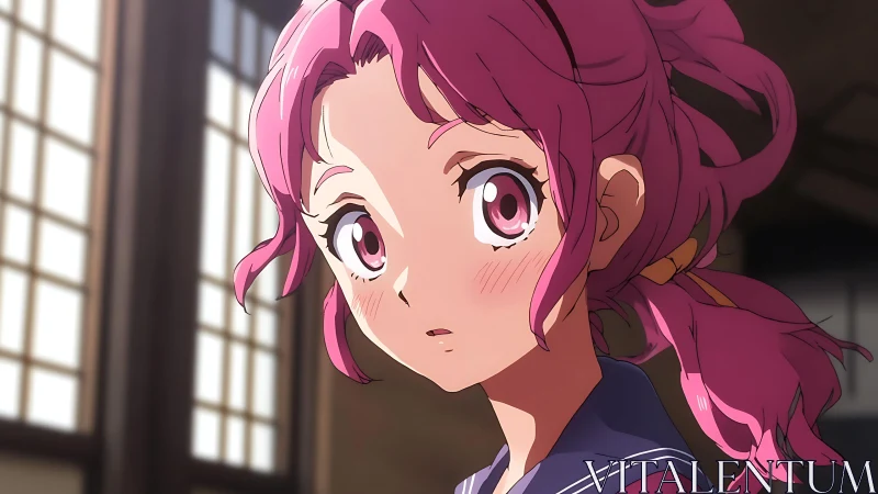 Pink haired schoolgirl portrait in warm classroom lighting.