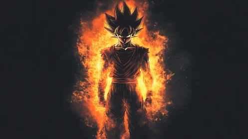 Anime flame-clad warrior in high-contrast silhouette composition.