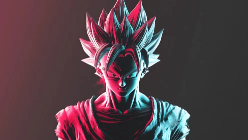 Neon-lit anime warrior portrait with dual color lighting.