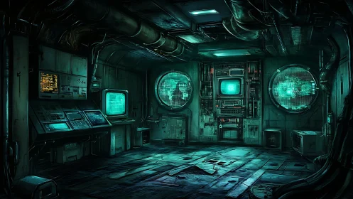 Cybernetic command chamber with teal holographic consoles.
