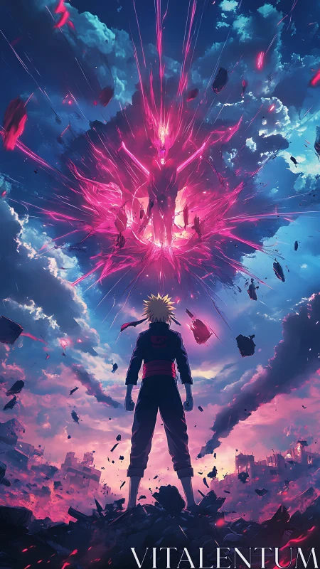 Silhouetted figure observing explosive energy form in sky.