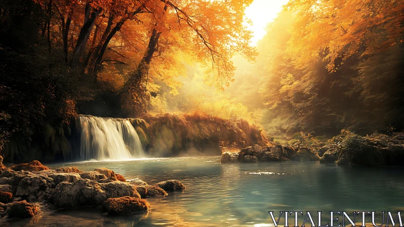 Autumn forest waterfall with diffuse golden backlighting over pool