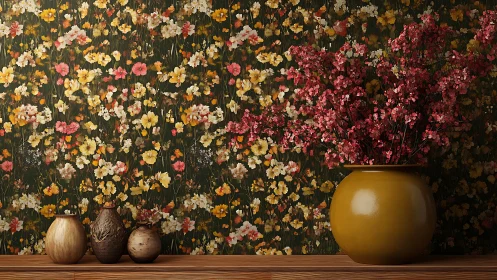 Golden vase and wildflower wallpaper brighten a cozy corner
