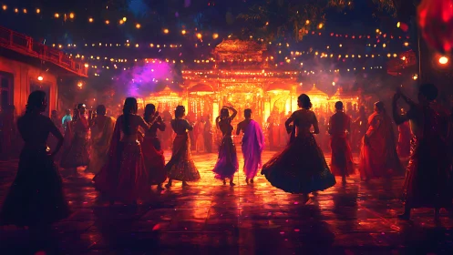 Nighttime Indian courtyard dance under bokeh festival lights