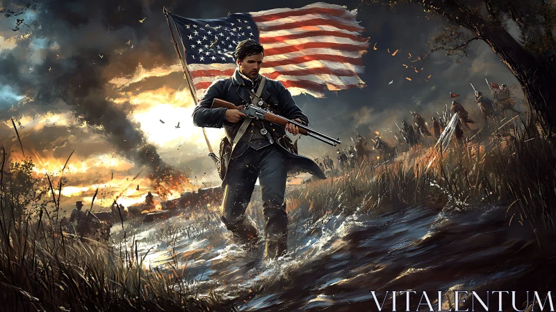 Storm-lit soldier strides forward beneath a billowing flag