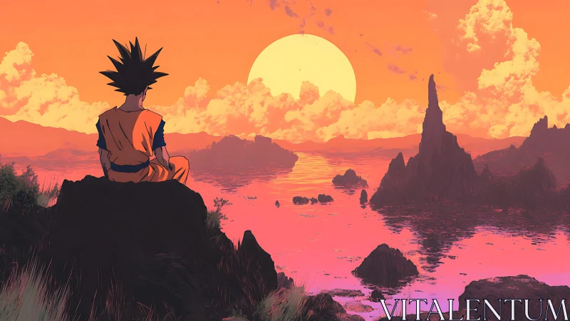 Sunset warrior gazes across neon-tinted alien seascape.