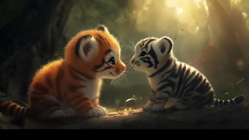 Two Enchanted Cubs Share Golden Hour Secrets in Mystical Forest Glow