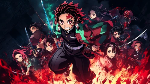 Dynamic anime battle lineup amid flames and motion blur