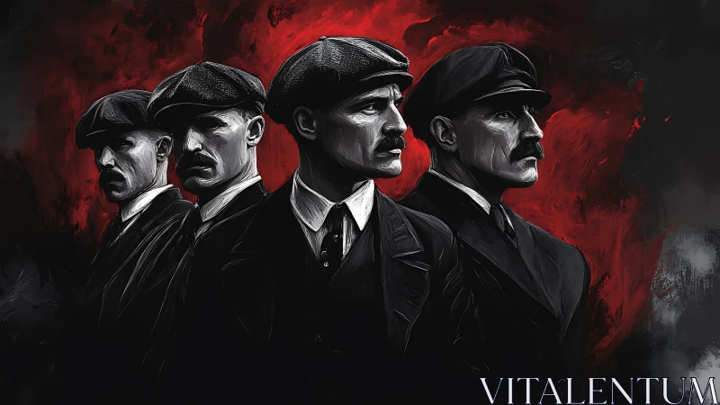 Four suited men in flat caps stand against red painted background