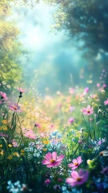 Digital painting of luminous wildflower meadow perspective.