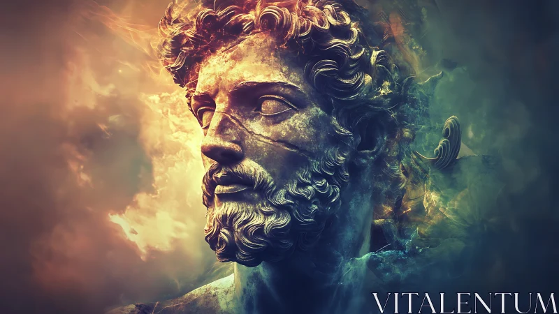 Mythic stone guardian wrapped in swirling cosmic color.