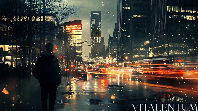 Lone figure watching rainy city traffic at night.