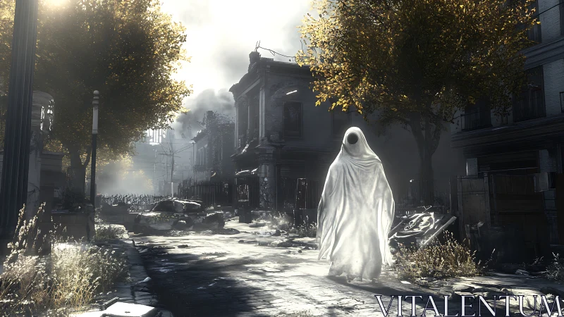 Ghostly figure in ruined urban street under harsh light.