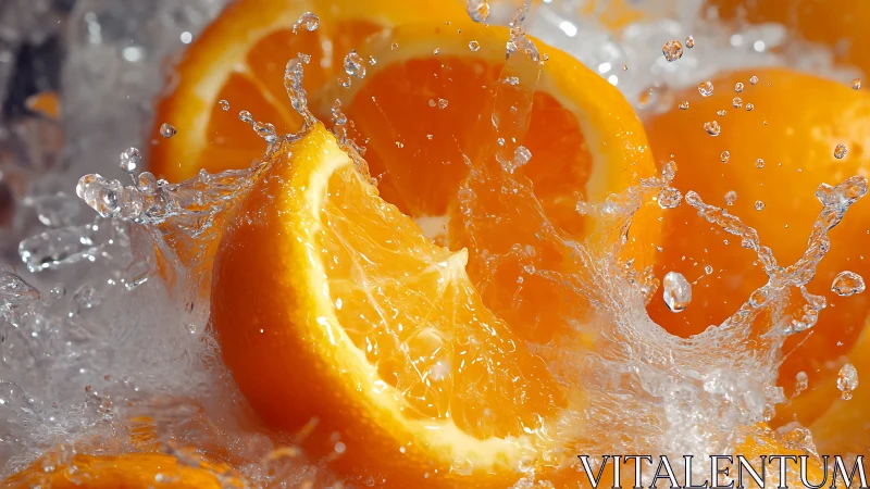 Juicy orange slices splashing into a bright, fizzy wave.