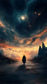 Lone figure walks toward glowing storm under swirling sky.