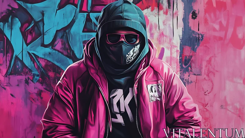 Hooded masked figure in pink jacket before graffiti wall.