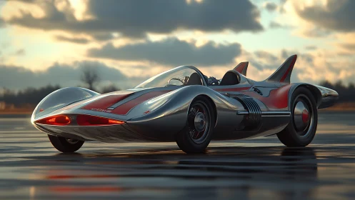 Futuristic concept roadster glides across wet runway at dusk