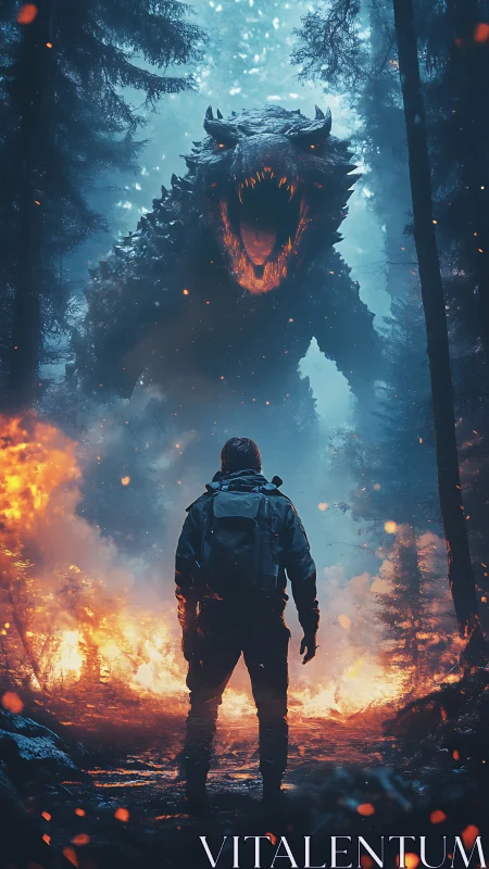 Forest wanderer confronts molten-jawed titan in blue firestorm