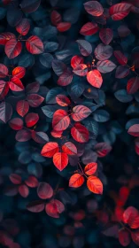 Crimson leaves glow against deep teal foliage background