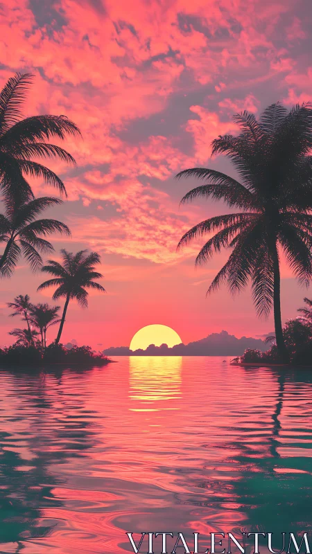 Radiant tropical sunset mirrored on neon-tinted lagoon waters.