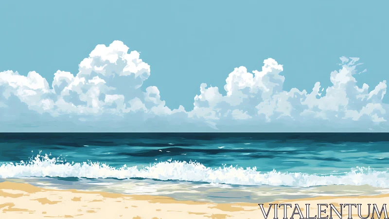 Sunlit shoreline meets deep teal ocean under cumulus line