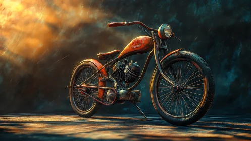 Rust-textured vintage board-track motorcycle under raking volumetric light
