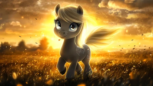 Sunlit pony wandering through a golden daydream meadow.