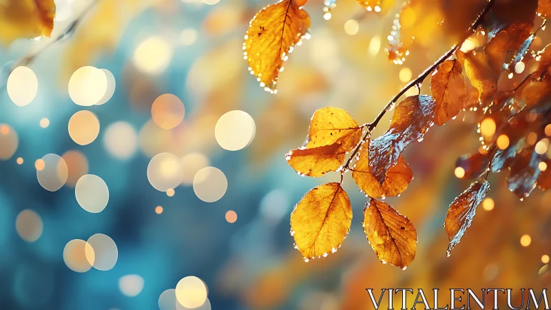 Golden autumn leaves with luminous bokeh glow at dusk.