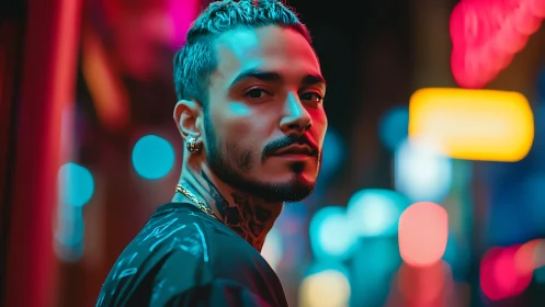 Neon city halo crowns a contemplative night wanderer