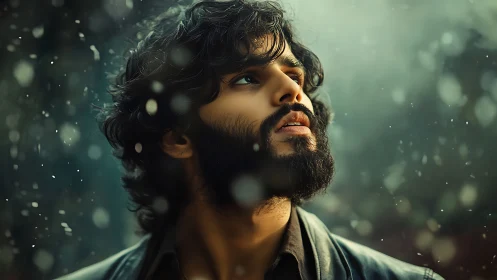 Bearded man gazes upward through drifting winter snow