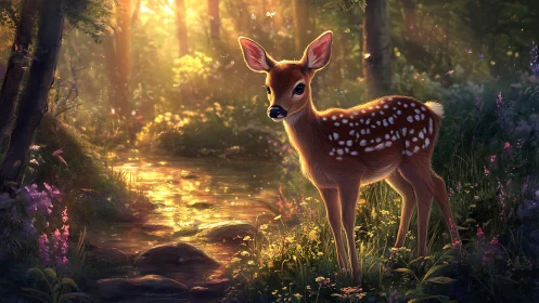 Sunlit fawn pauses where woodland stream turns to gold