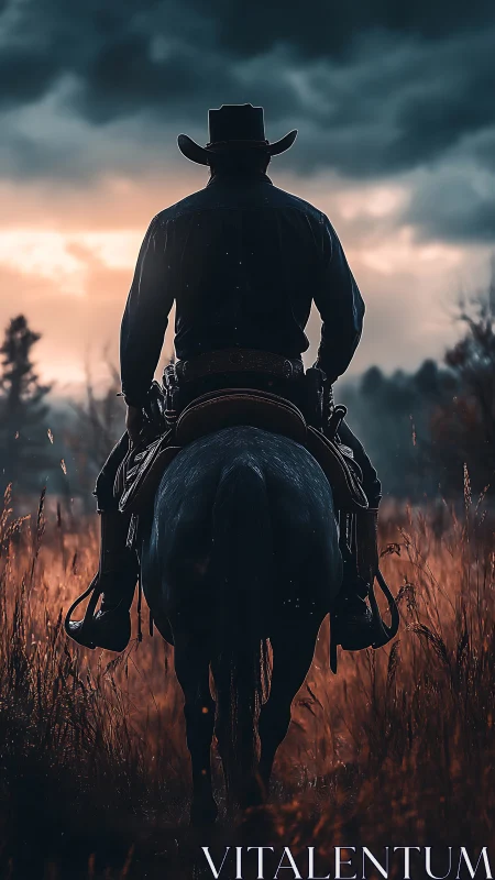 Lone cowboy riding home beneath a stormy sunset sky.