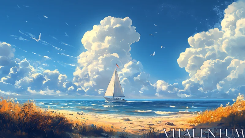 Sunlit sailboat drifts along a tranquil cloudlit summer shore