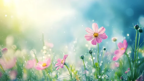 Cosmos bipinnatus blooms with morning dew droplets under diffused natural sunlight