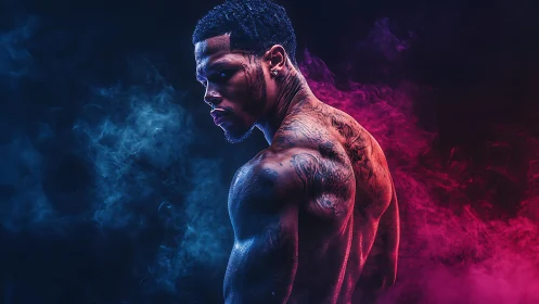 Neon Silhouette: Muscular Man Emerges from Chromatic Mist.