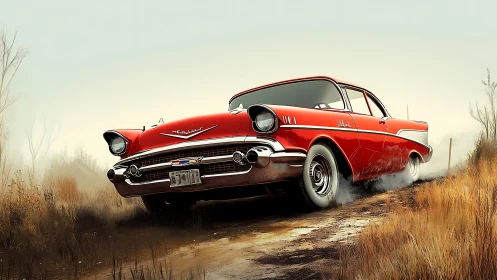 Classic red Chevy Bel Air powers through a dusty country road.