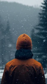 Person in orange jacket standing in falling winter snow.