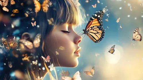 Girl in luminous butterfly swarm under glowing sunset sky.