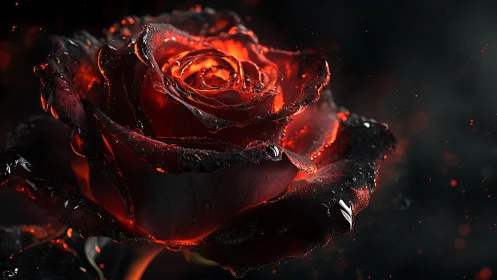 Ember-lit black rose with molten glow and misted droplets.