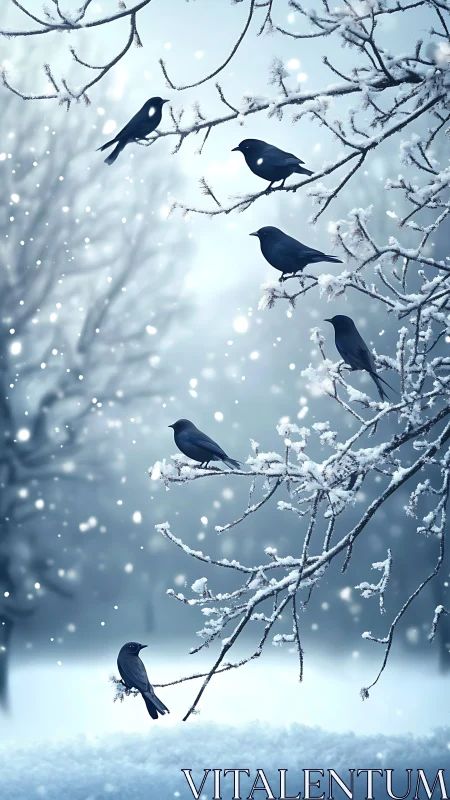 Black birds perch on snowy branches during steady snowfall