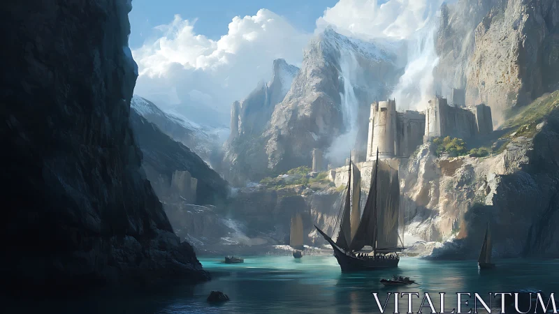 Storm-carved citadel and tall ships in a misty fjord realm.