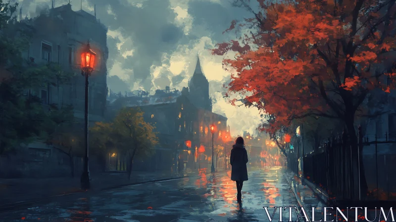 Digital painting of solitary figure on rainlit autumn street.