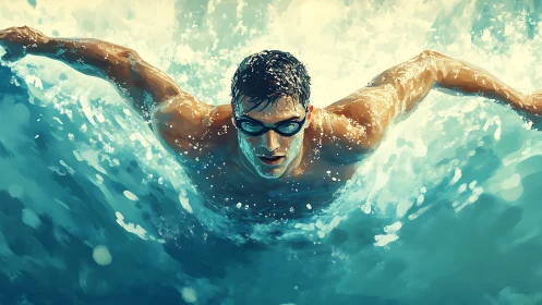 Powerful butterfly stroke across vivid turquoise waves.