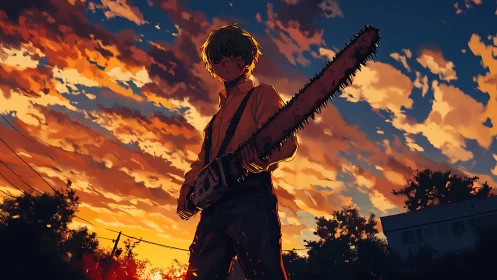 Silhouetted youth grips chainsaw under blazing sunset sky