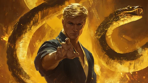 Martial artist commanding coiled serpent amid kinetic flames.