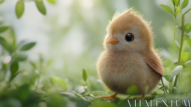 Fluffy Cream Chick in Green Garden Setting.