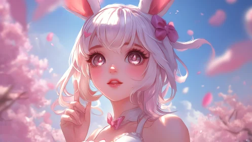 Soft bunny-eared girl enjoys a dreamy pink spring day