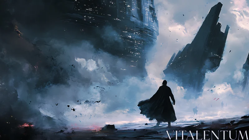 Wanderer confronts falling citadels in storm-torn skyscape.