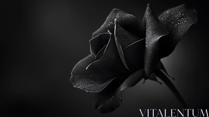 Black rose macro reveals dewdrops on velvety petals