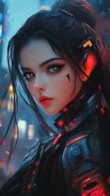 Cybernetic femme operative gazes into neon-soaked cityscape